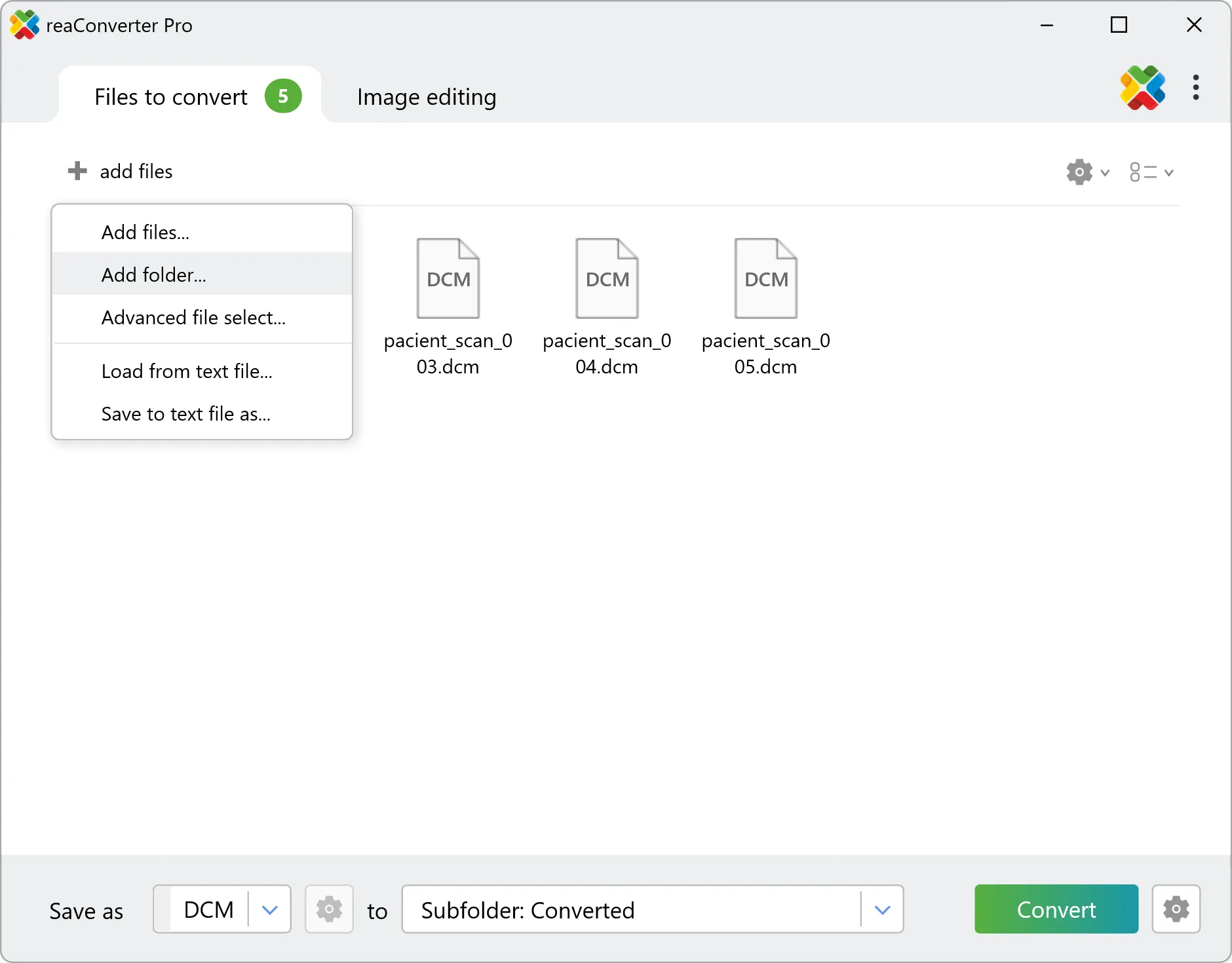 Load DICOM files into reaConverter