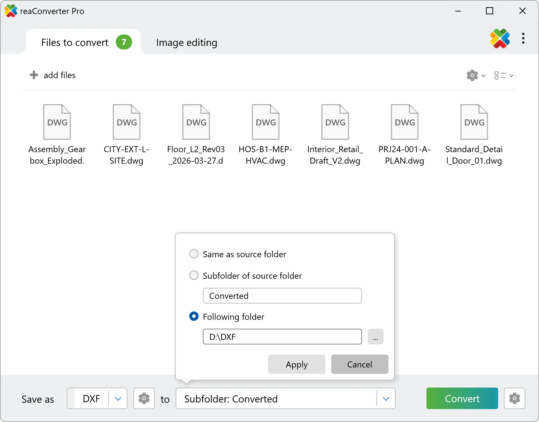 Set the destination folder for DXF files