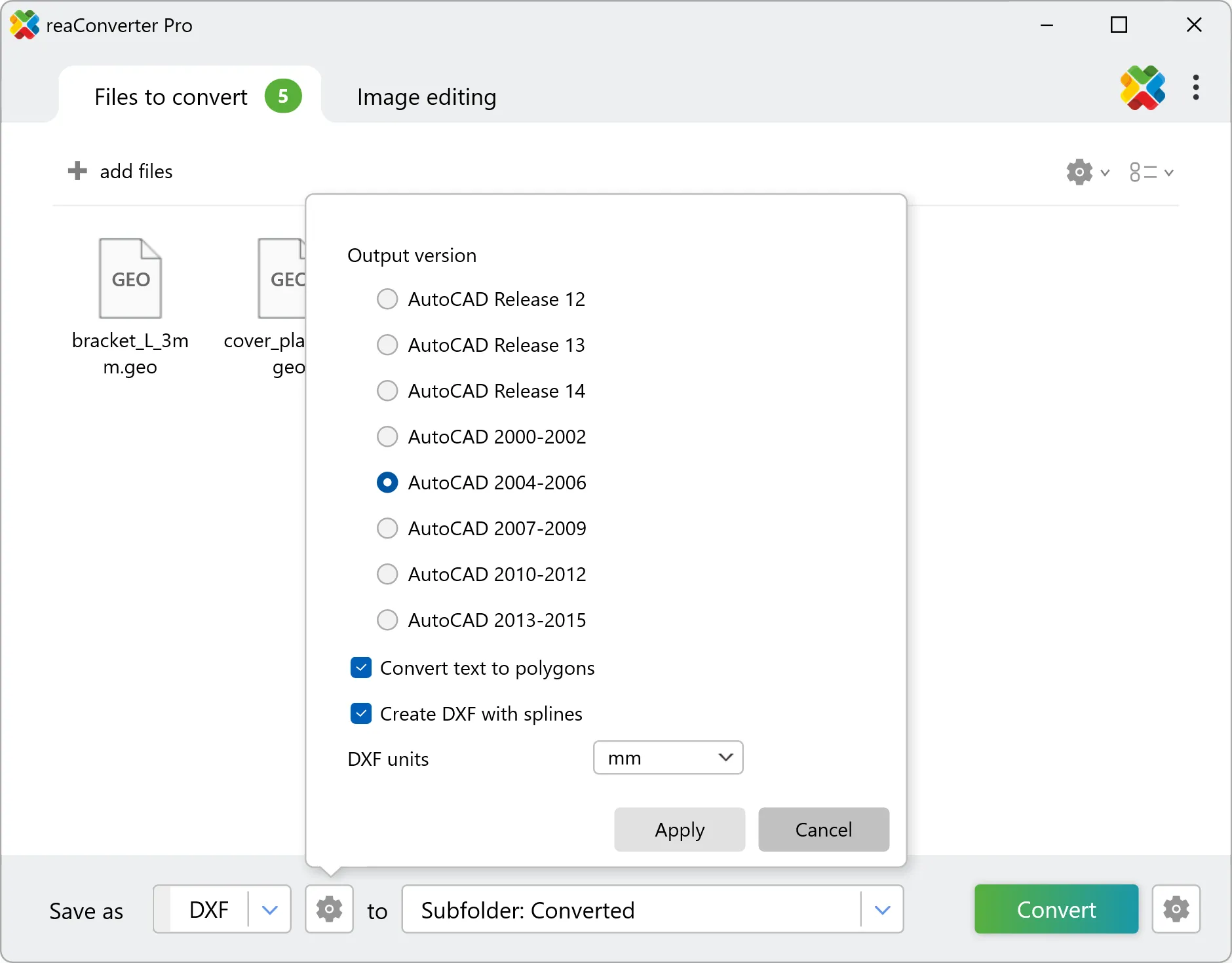 Select DXF as the Output Format
