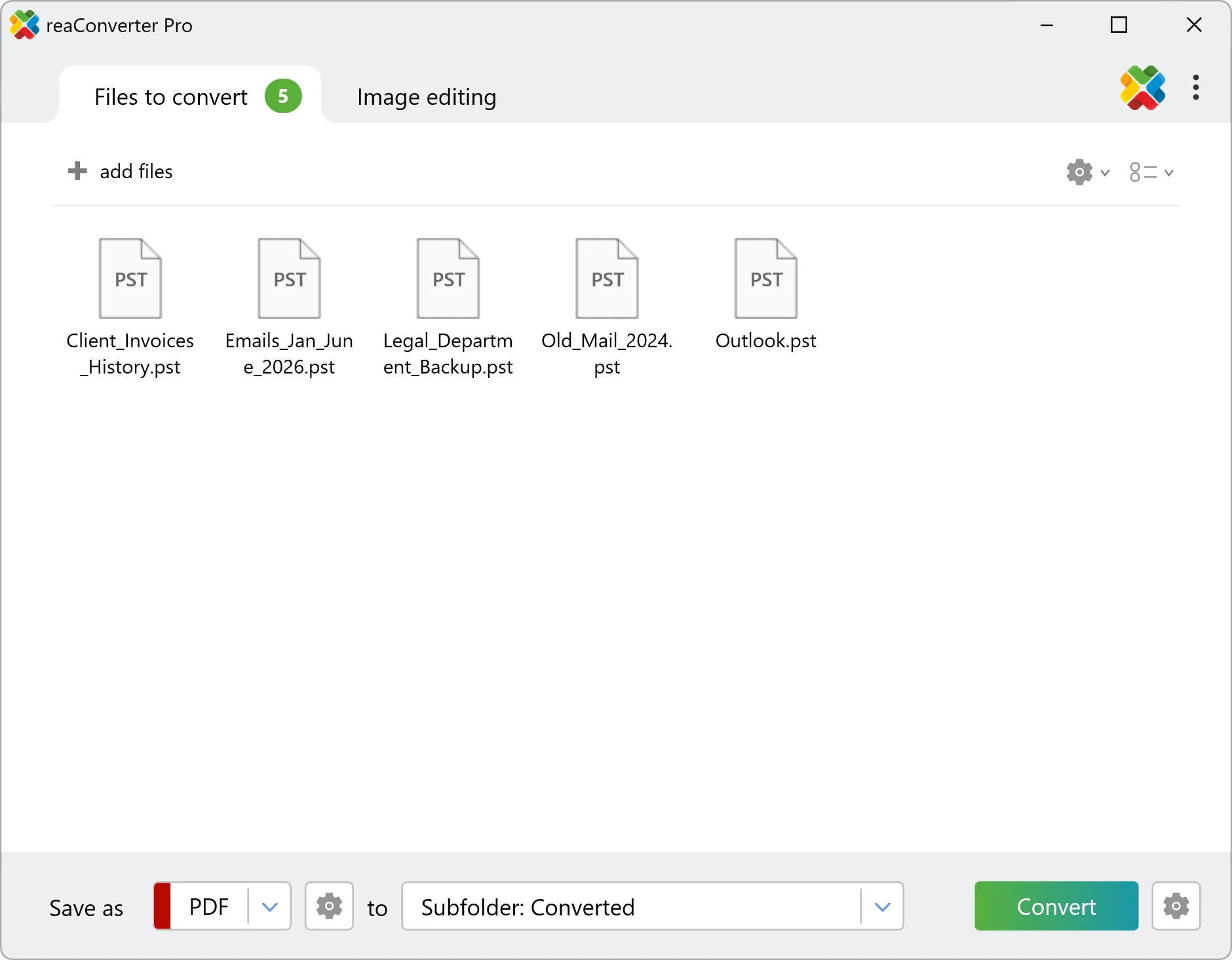 Load Outlook PST files for batch conversion, no Outlook required Add PST files to reaConverter