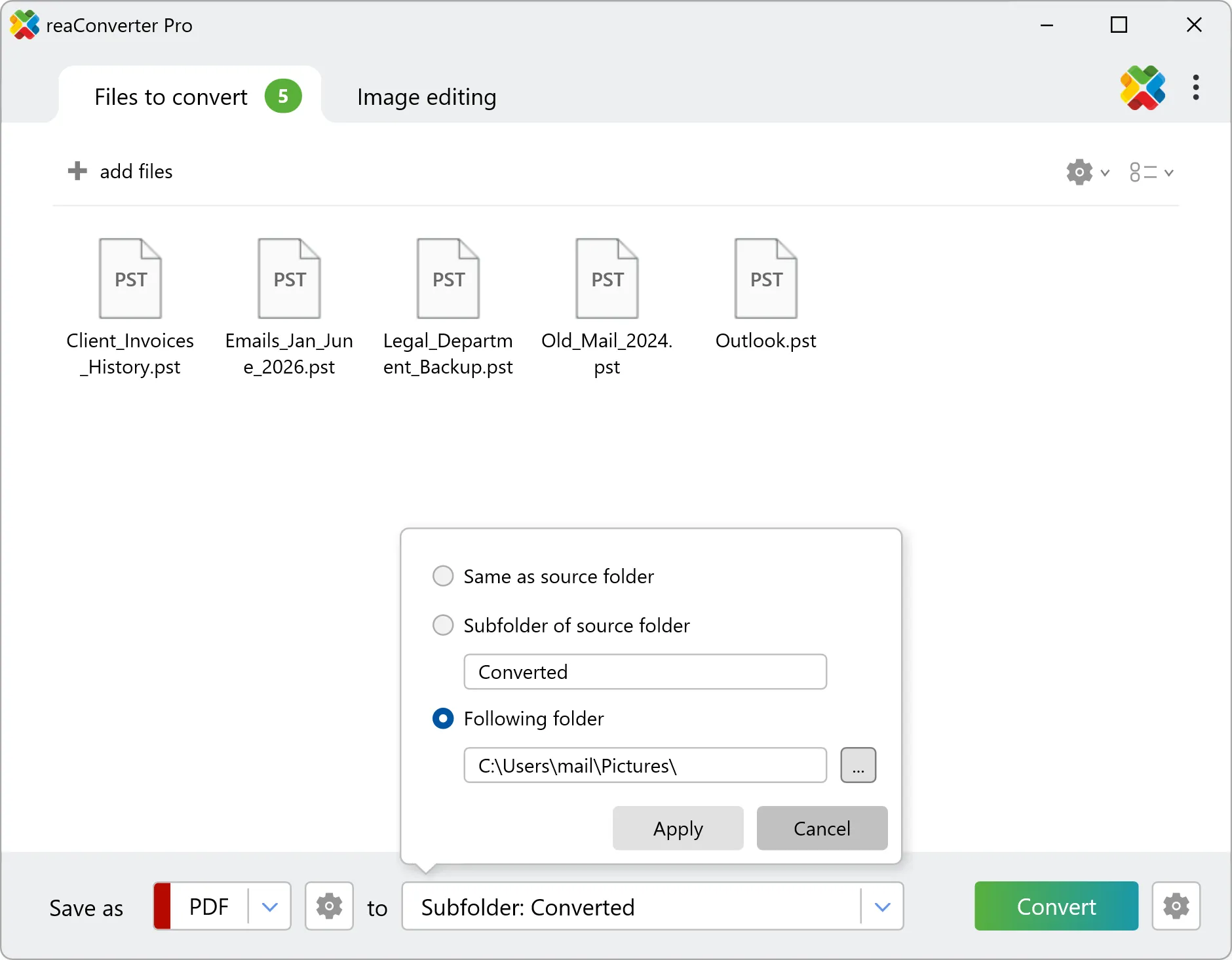 Choose where to save the converted PDF files Set the destination folder for the converted PDF