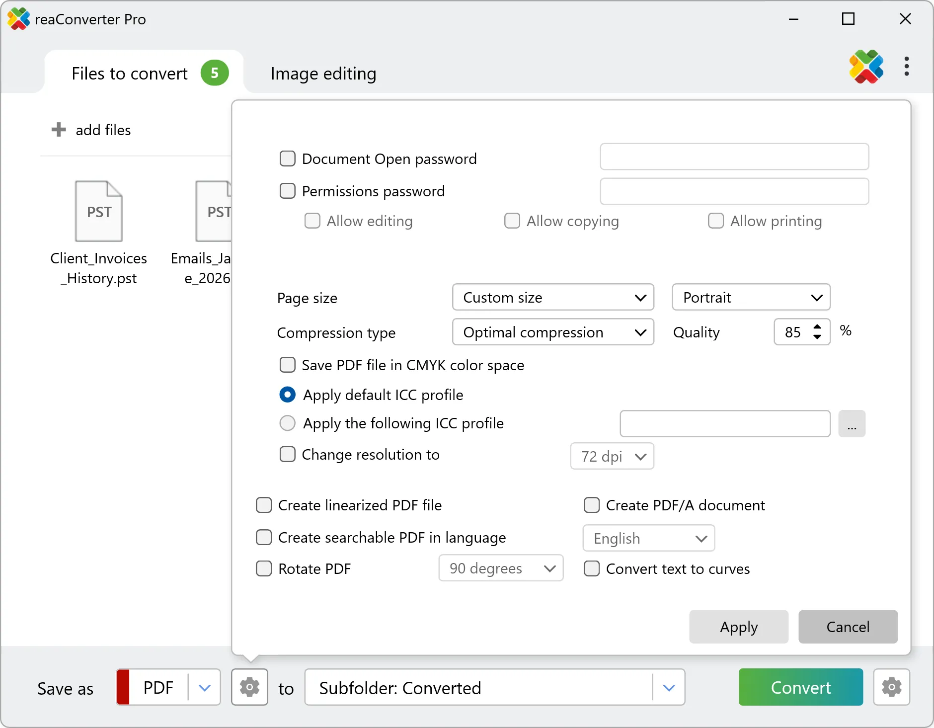 PDF output settings: merge emails into one document and embed attachments Select PDF output and enable embedded attachments
