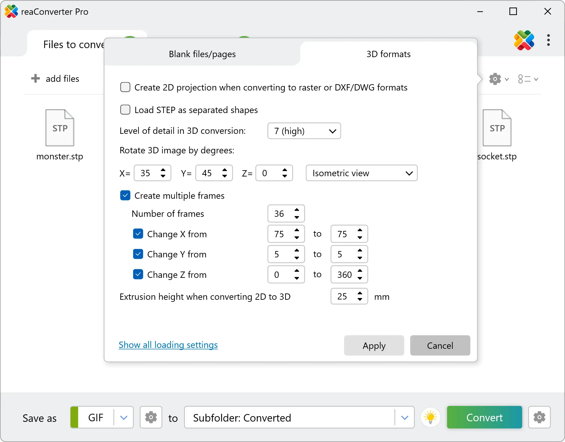3D formats loading settings with 36 frames and Change Z from 0 to 360