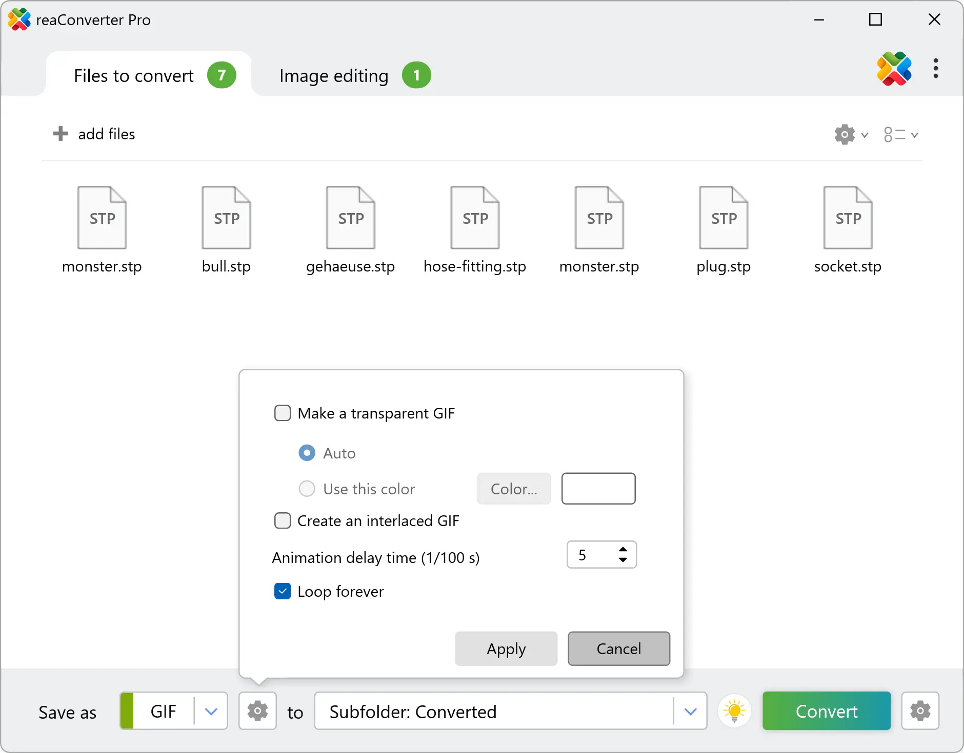 GIF settings with Animation delay time 5 and Loop forever